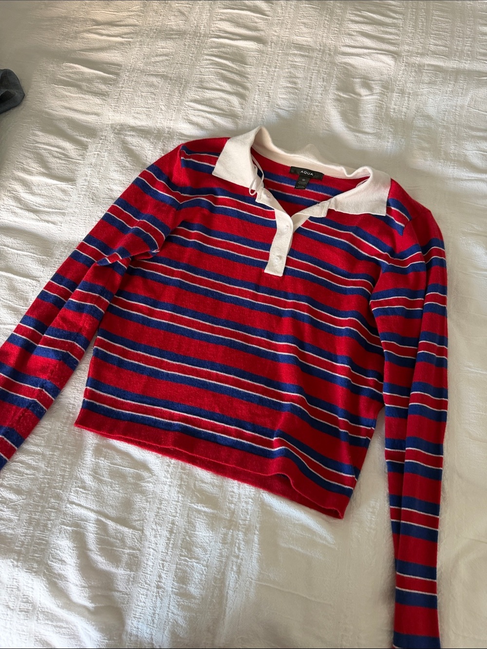 Aqua Red Striped Polo Sweater with White Collar